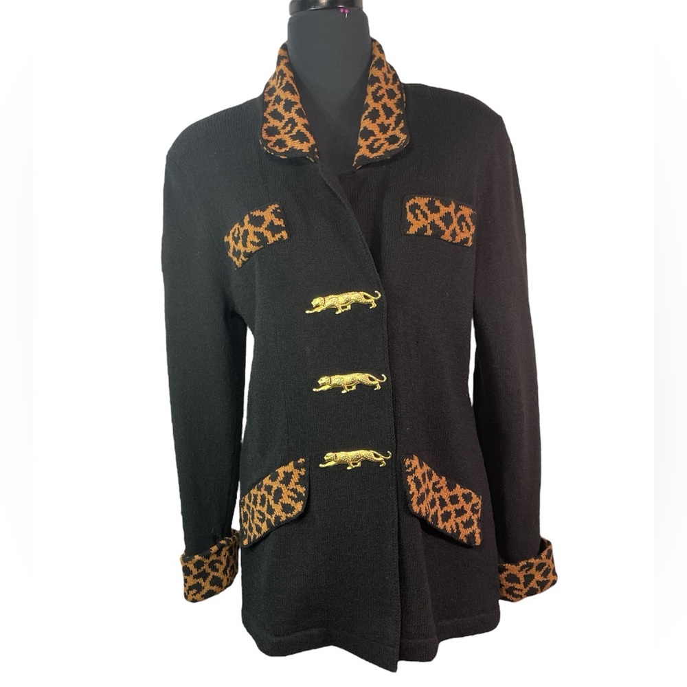 Vintage Hand loomed wool animal print jeweled buttons mob wife cuffed cardigan